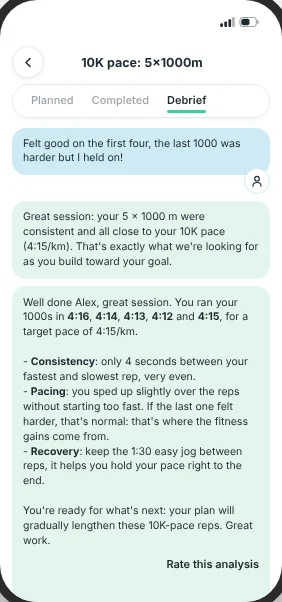 Session debrief in the RunMotion Coach app