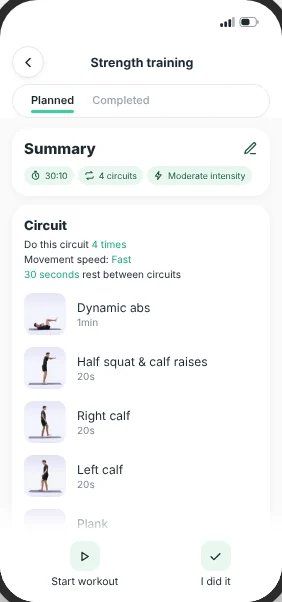 Strength session in the RunMotion Coach app