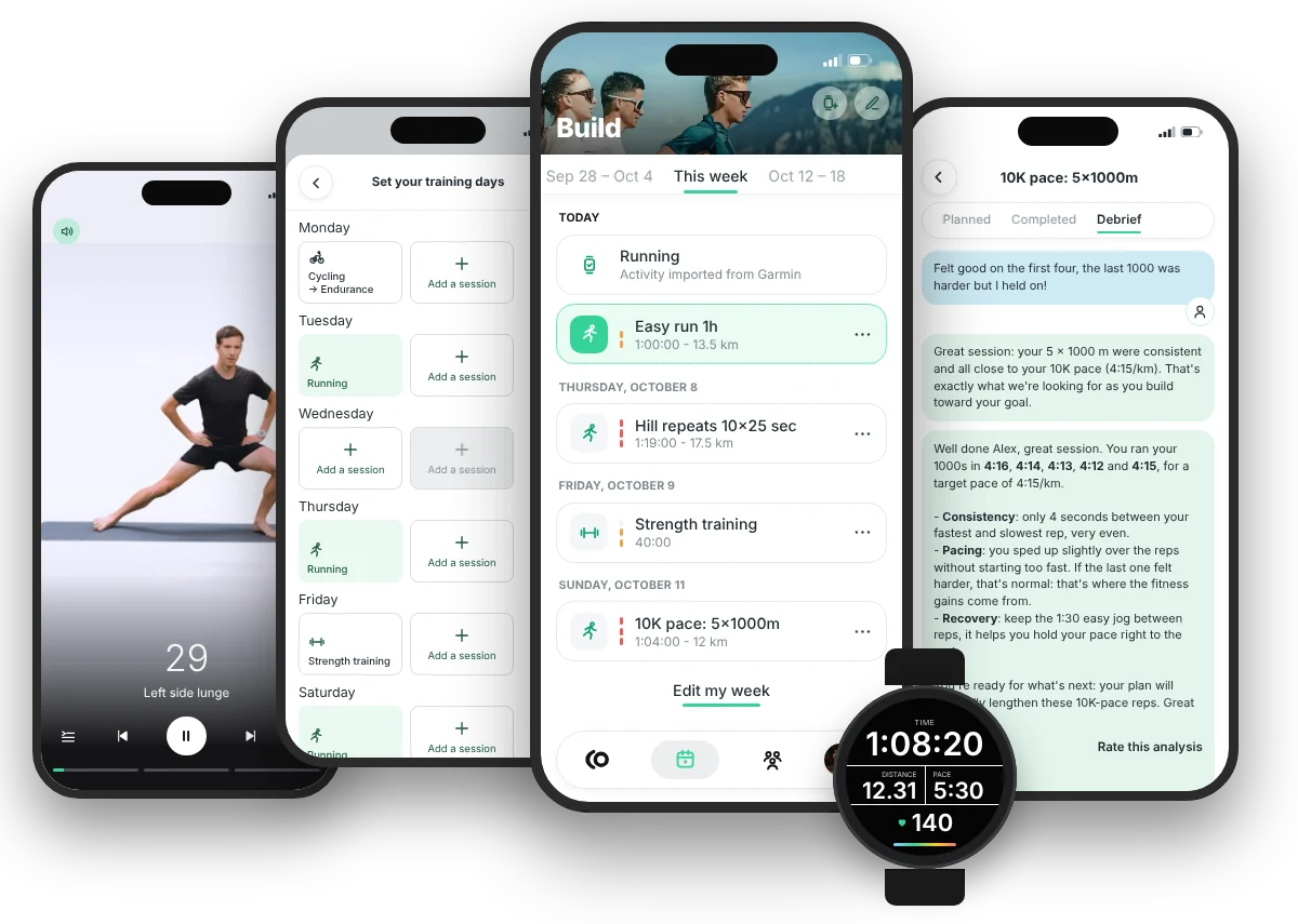 Four screens of the RunMotion Coach app: weekly plan, workout, debrief and strength training
