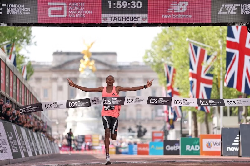 Sebastian Sawe crossing the London Marathon 2026 finish line after breaking the 2-hour barrier.