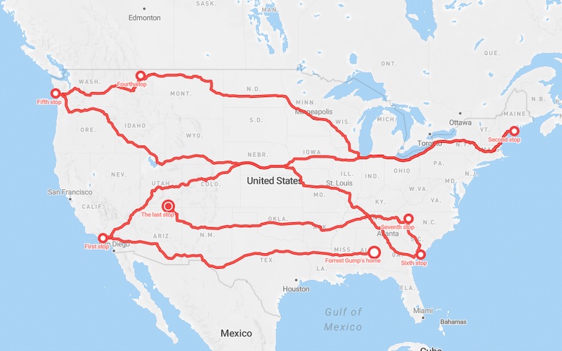 Forrest Gump running across America, highlighting total distance, pace, and ultra-endurance lessons over three years.