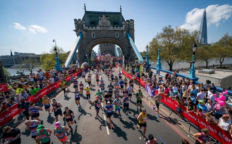 Runner training for the London Marathon, featuring course overview, entry details, and qualifying times.