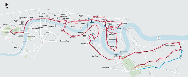 London Marathon course route map showing key landmarks, aid stations, and finish line overview.