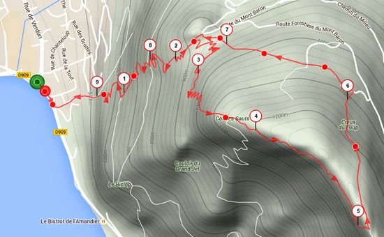 Trail running route near Annecy on Mont Veyrier and Mont Baron above the lakefront.