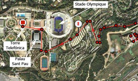 Runner on Barcelona Montjuic Olympic Park loop, scenic route through Olympic venues and city views.