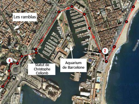 Runner on Barceloneta Beach with Port of Barcelona views along the Montjuic loop route.