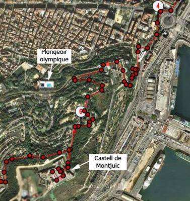 Runner on the Olympic Montjuic loop in Barcelona, passing Montjuic Park scenic paths.