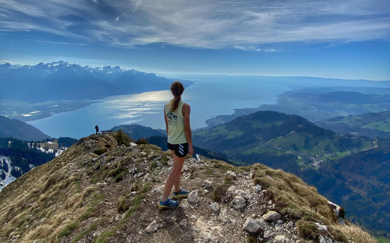Trail runner climbing Dent de Jaman from Caux, a top Swiss trail run near Montreux.