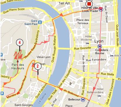 Runner on Lyon route climbing Fourviere hill with panoramic city view near Parc de la Tete d'Or.