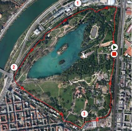 Runner on Lyon route at Parc de la Tete d'Or loop with Fourviere climb views.