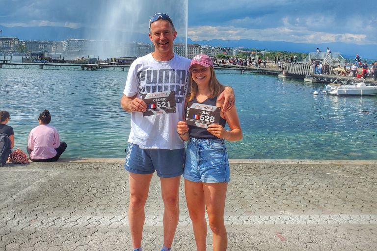 Julie celebrates achieving her dream of completing her first Geneva Marathon race.