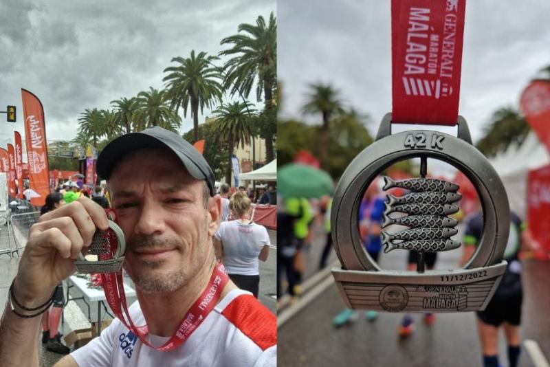 François runs Malaga Marathon in rain, finishing with a 3:40 personal best time.