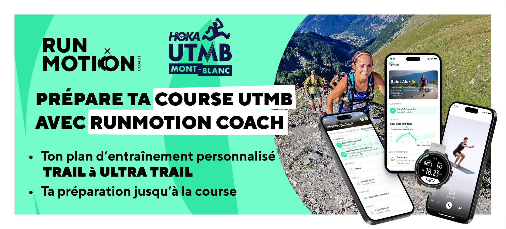Trail runner training on alpine terrain for the UTMB Mont-Blanc ultramarathon.